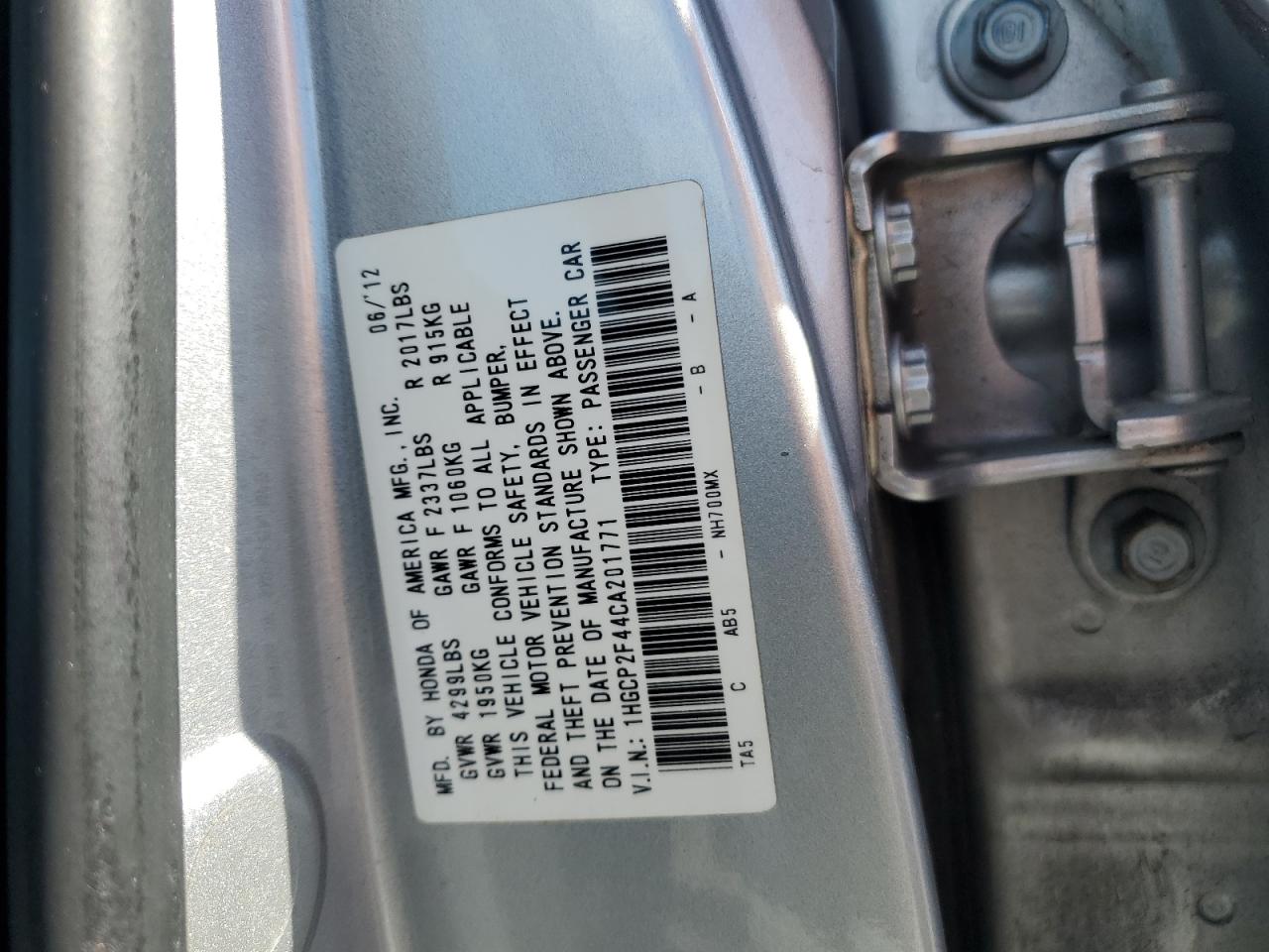 2012 Honda Accord VIN 1HGCP2F44CA201771 Copart auction photo, rear end damage thumbnail 12