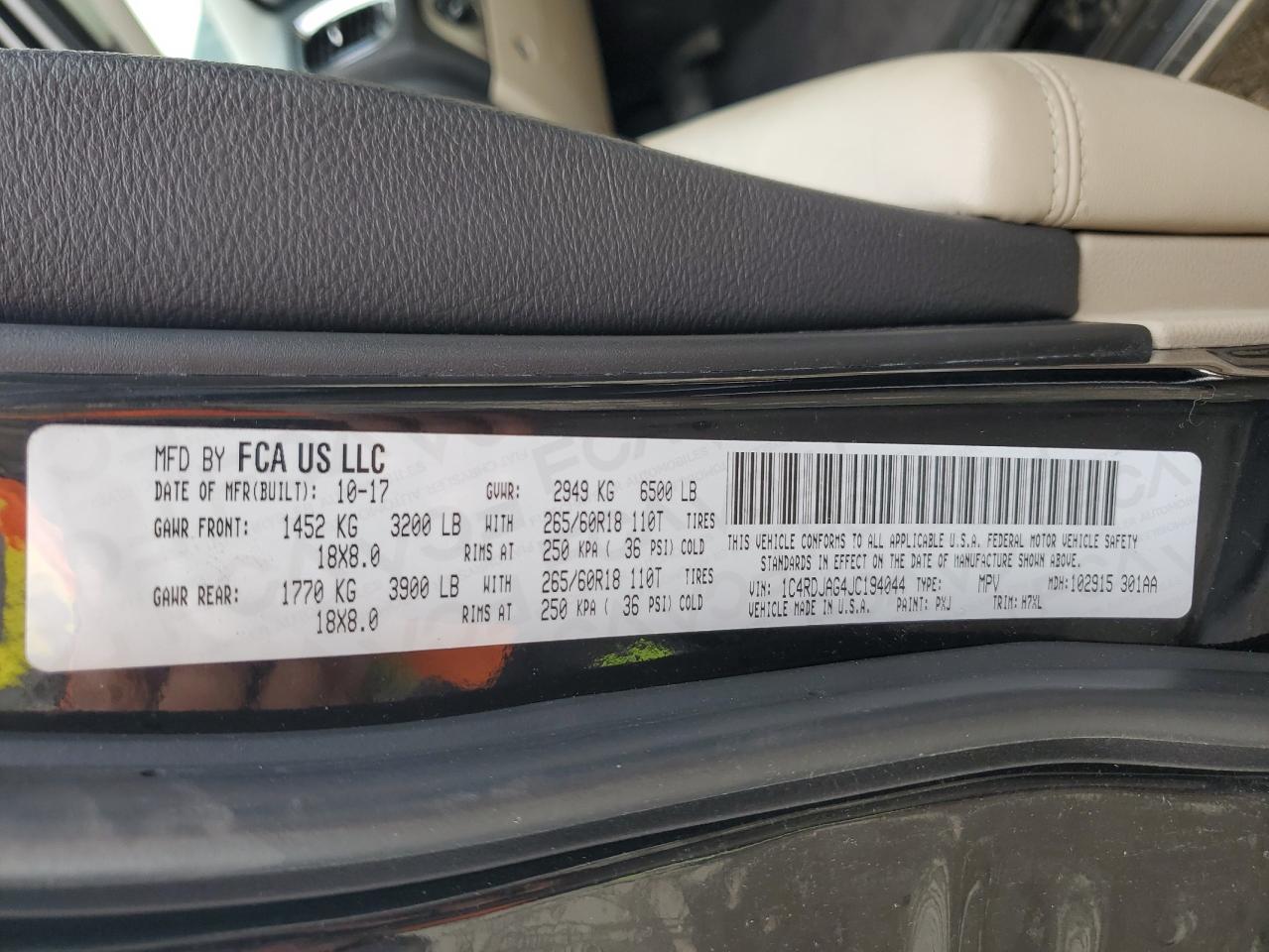 2018 Dodge Durango VIN 1C4RDJAG4JC194044 Copart auction photo, front end / side damage thumbnail 13