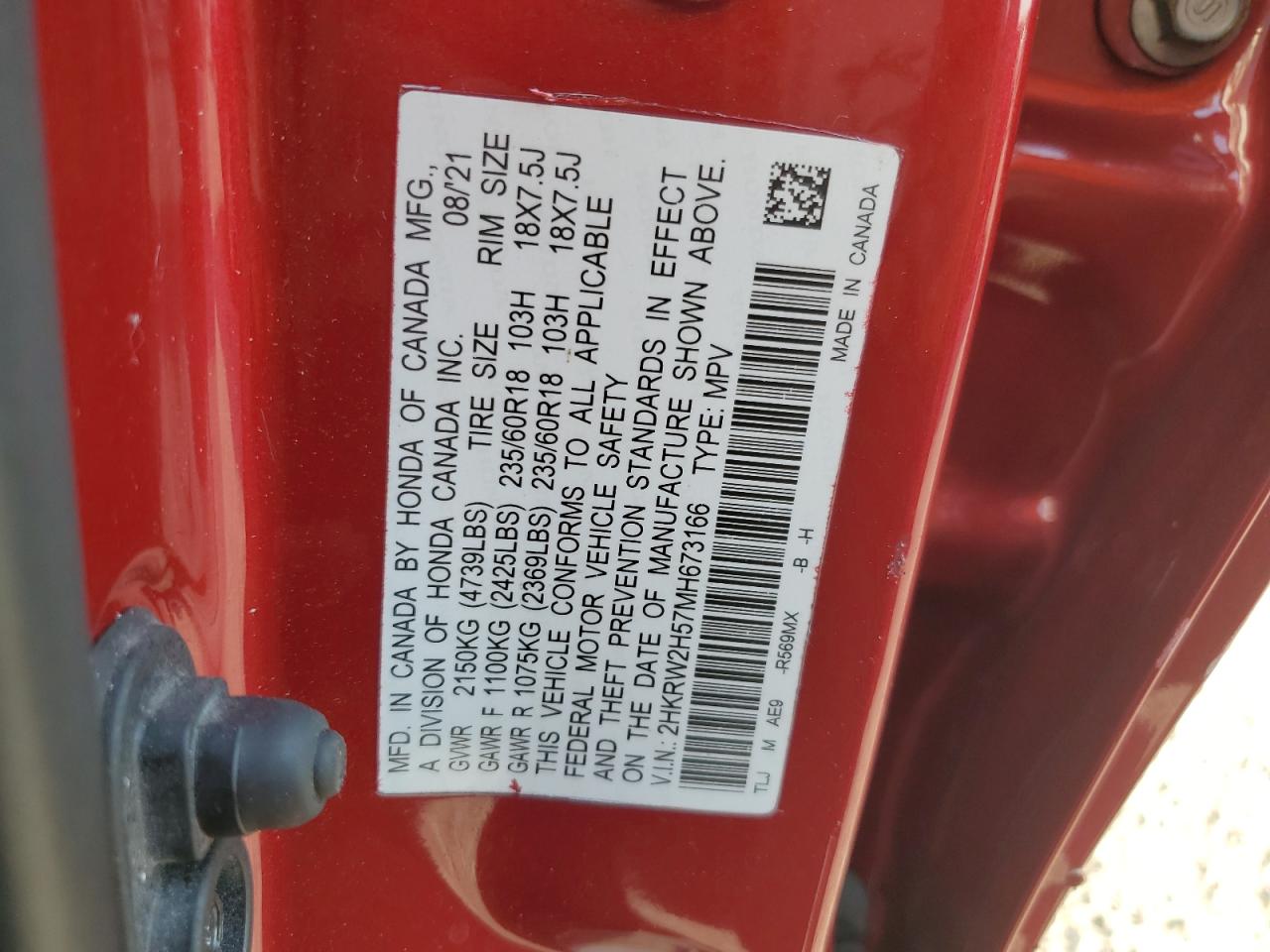 2021 Honda CR-V VIN 2HKRW2H57MH673166 Copart auction photo, rollover damage thumbnail 14