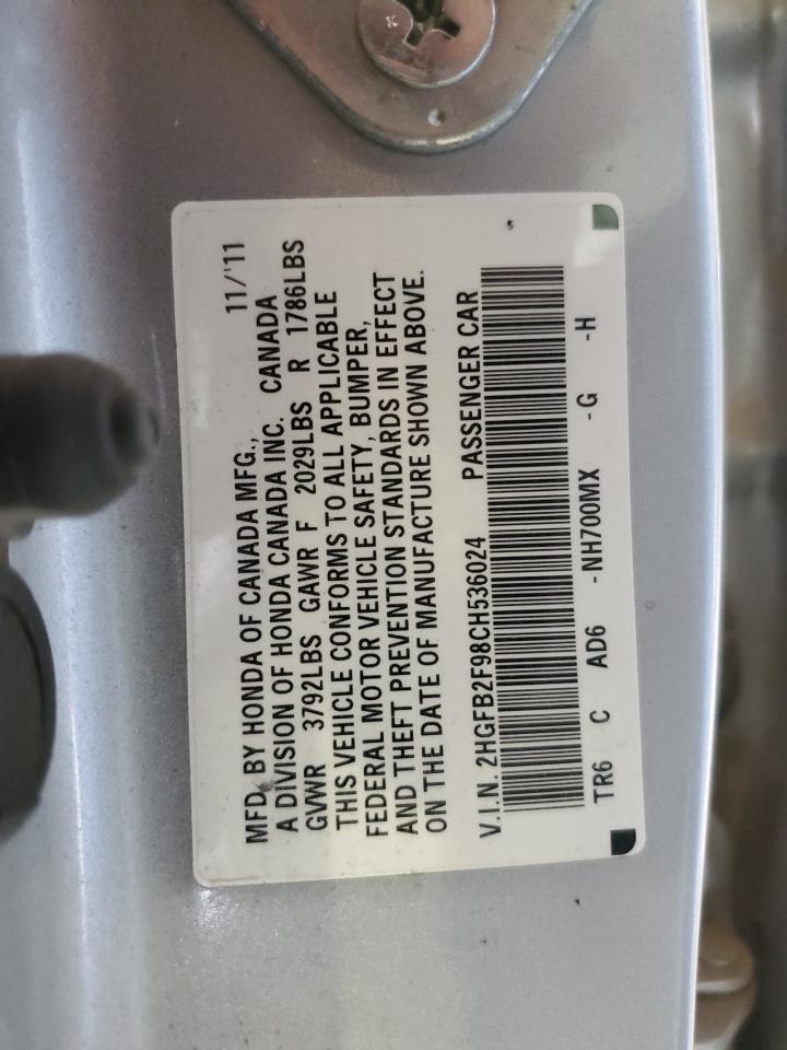 2012 Honda Civic VIN 2HGFB2F98CH536024 Copart auction photo, front end / side damage thumbnail 12