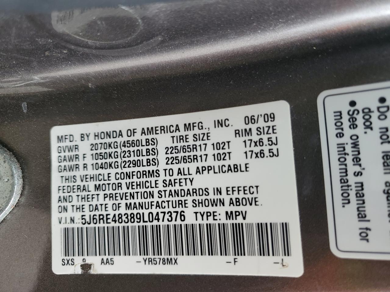 2009 Honda CR-V VIN 5J6RE48389L047376 Copart auction photo, front end / minor dent/scratches damage thumbnail 14