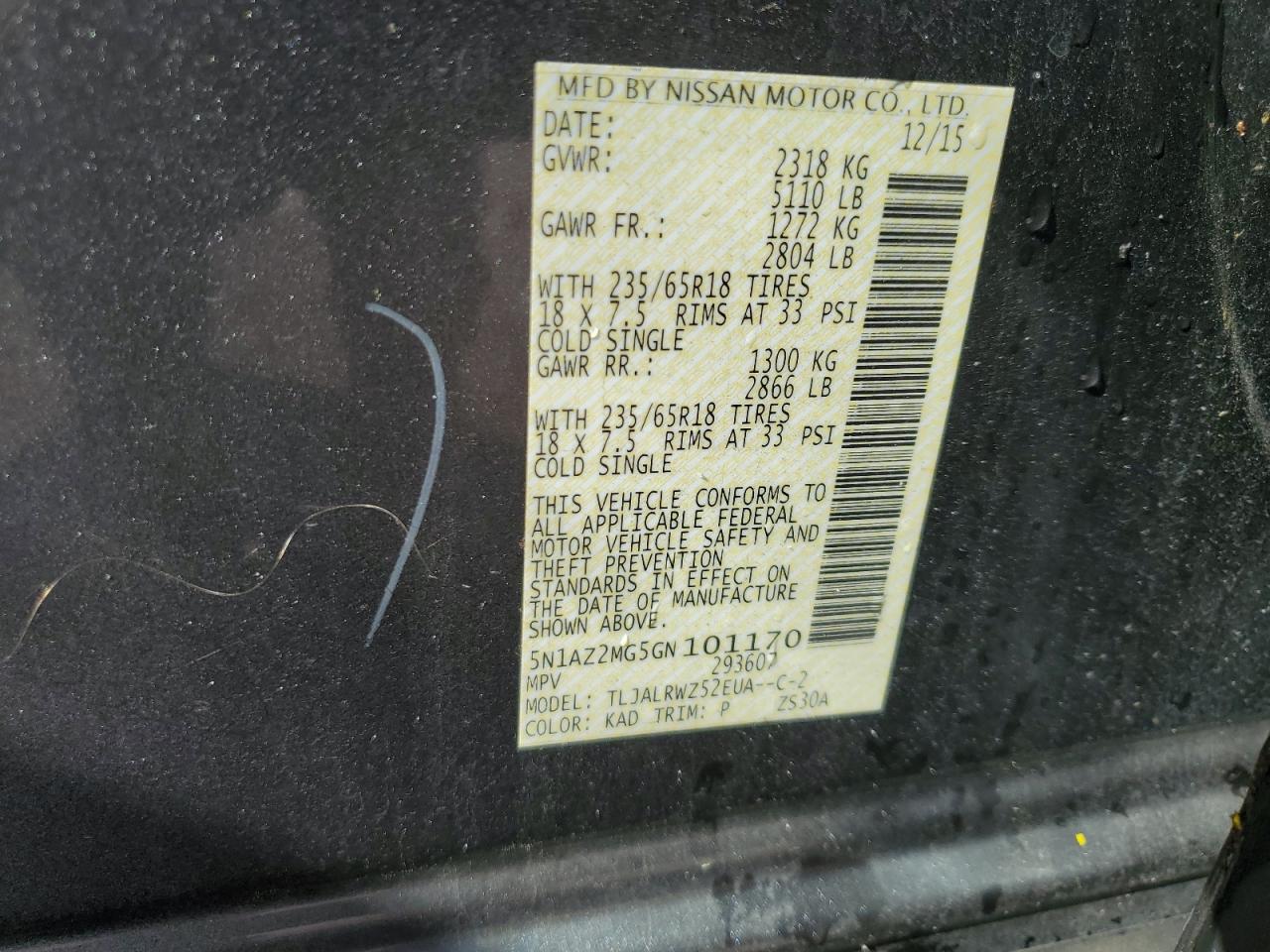 2016 Nissan Murano VIN 5N1AZ2MG5GN101170 Copart auction photo, rear end damage thumbnail 14
