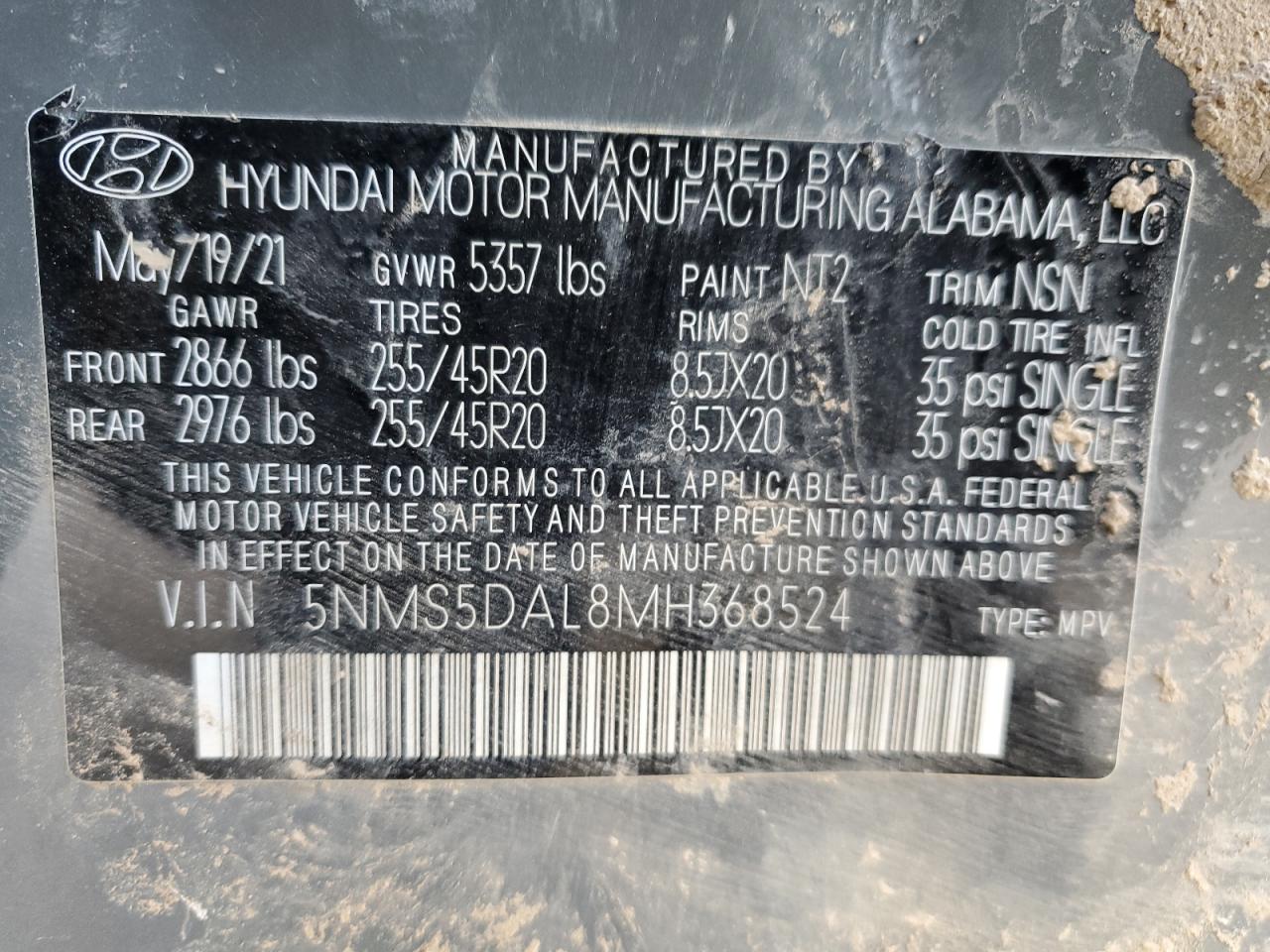 2021 Hyundai Santa Fe VIN 5NMS5DAL8MH368524 Copart auction photo, all over damage thumbnail 14