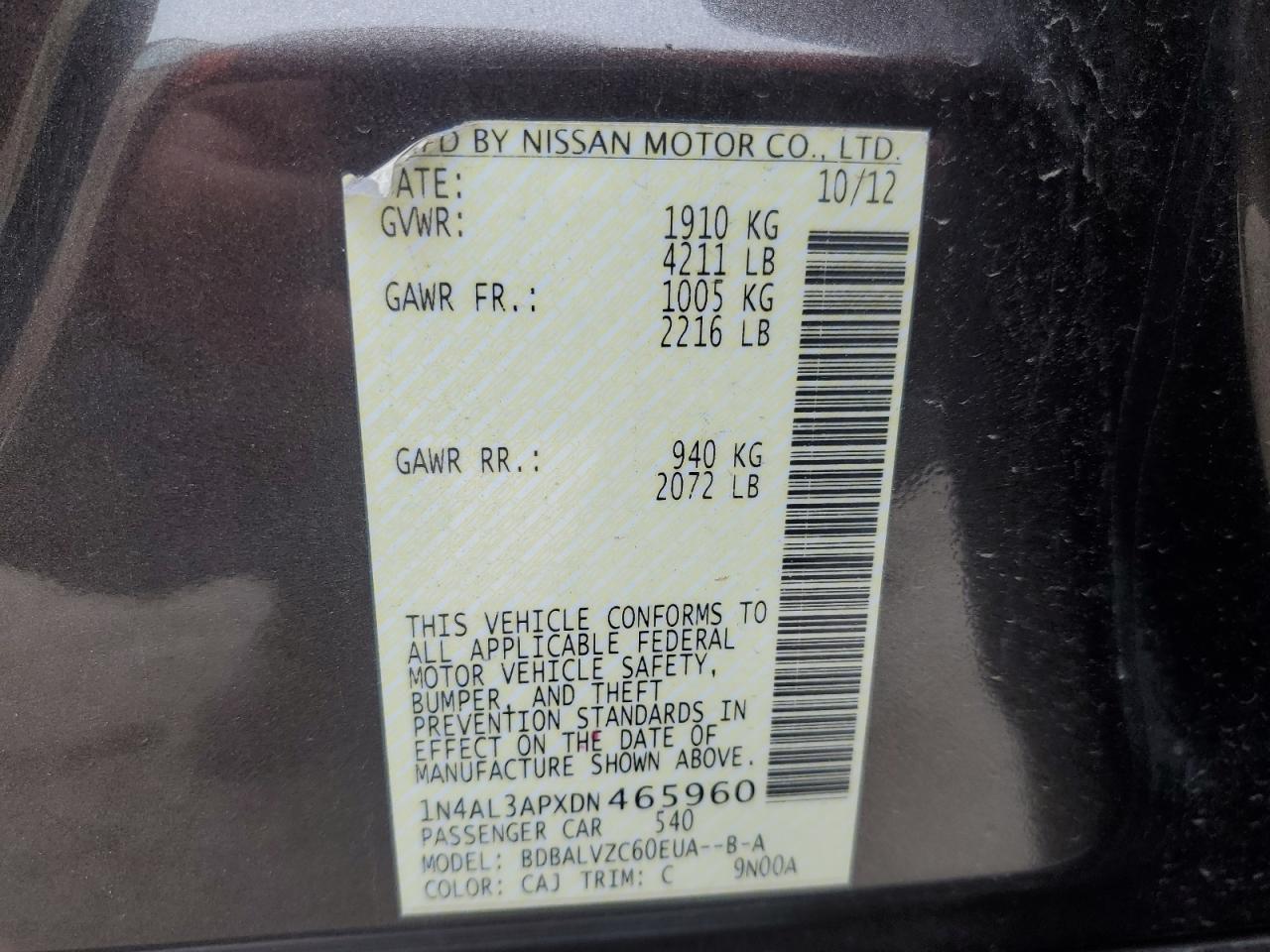 2013 Nissan Altima VIN 1N4AL3APXDN465960 Copart auction photo, front end / minor dent/scratches damage thumbnail 14