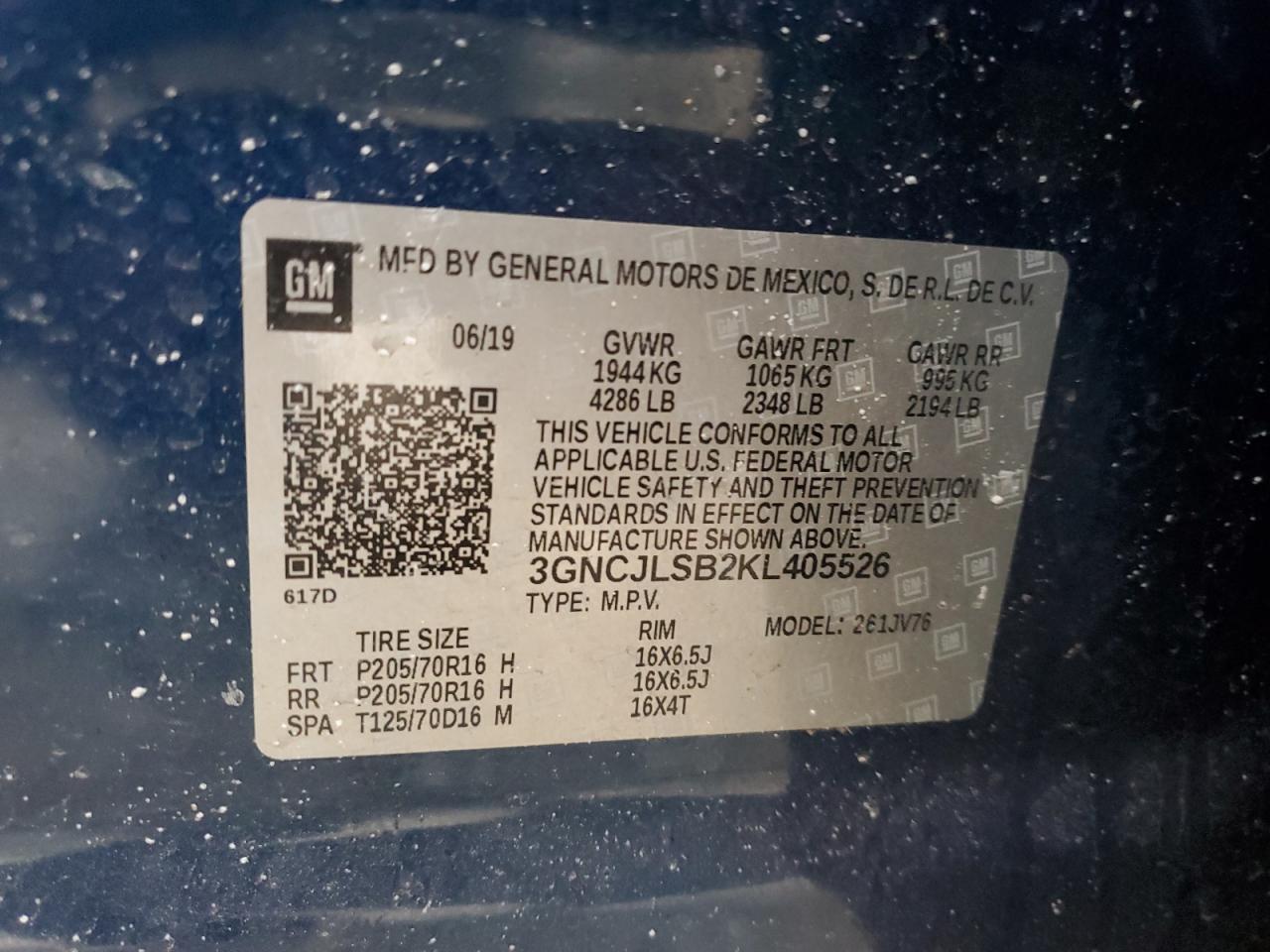 2019 Chevrolet Trax VIN 3GNCJLSB2KL405526 Copart auction photo, front end / side damage thumbnail 15