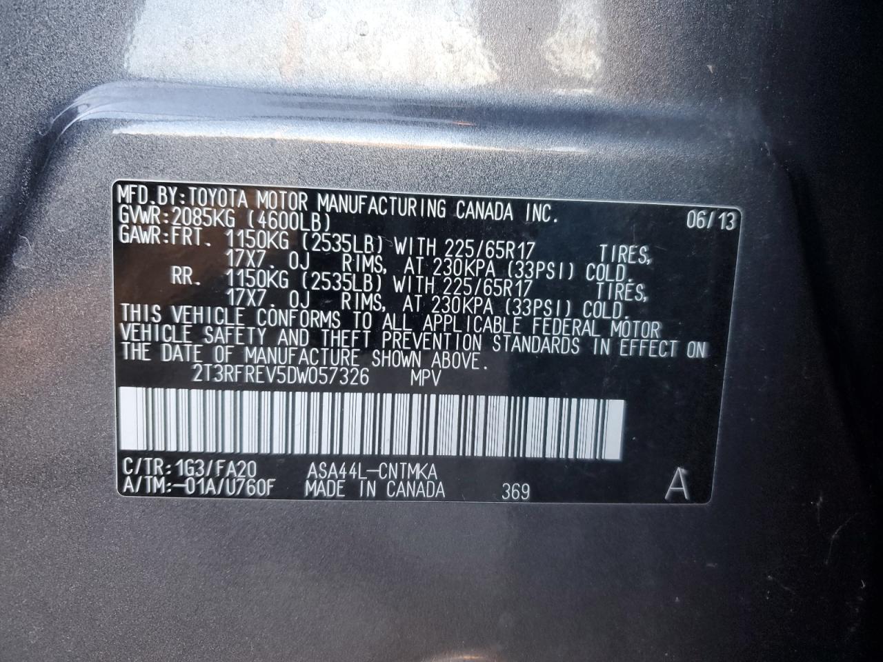 2013 Toyota RAV 4 VIN 2T3RFREV5DW057326 Copart auction photo, rear end / minor dent/scratches damage thumbnail 13