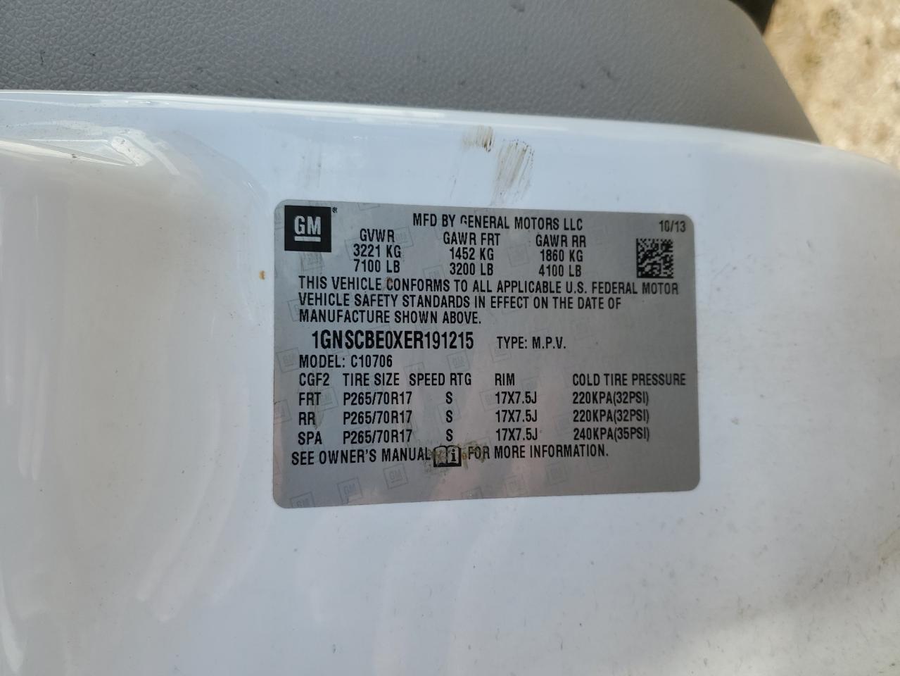 2014 Chevrolet Tahoe VIN 1GNSCBE0XER191215 Copart auction photo, biohazard/chemical / all over damage thumbnail 14
