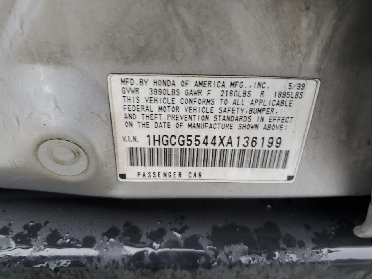 1999 Honda Accord VIN 1HGCG5544XA136199 Copart auction photo, front end damage thumbnail 13
