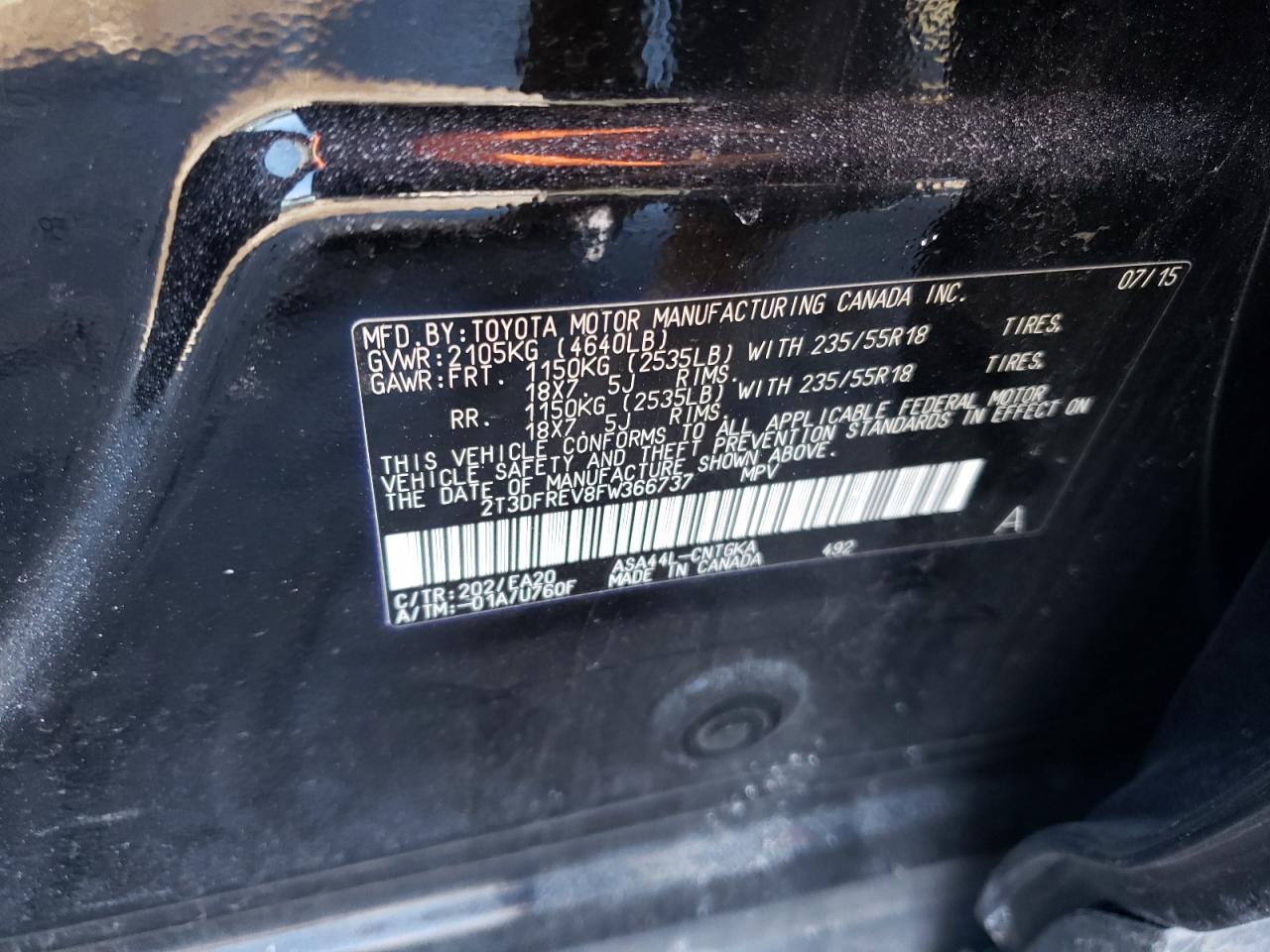 2015 Toyota RAV 4 VIN 2T3DFREV8FW366737 Copart auction photo, rollover damage thumbnail 12