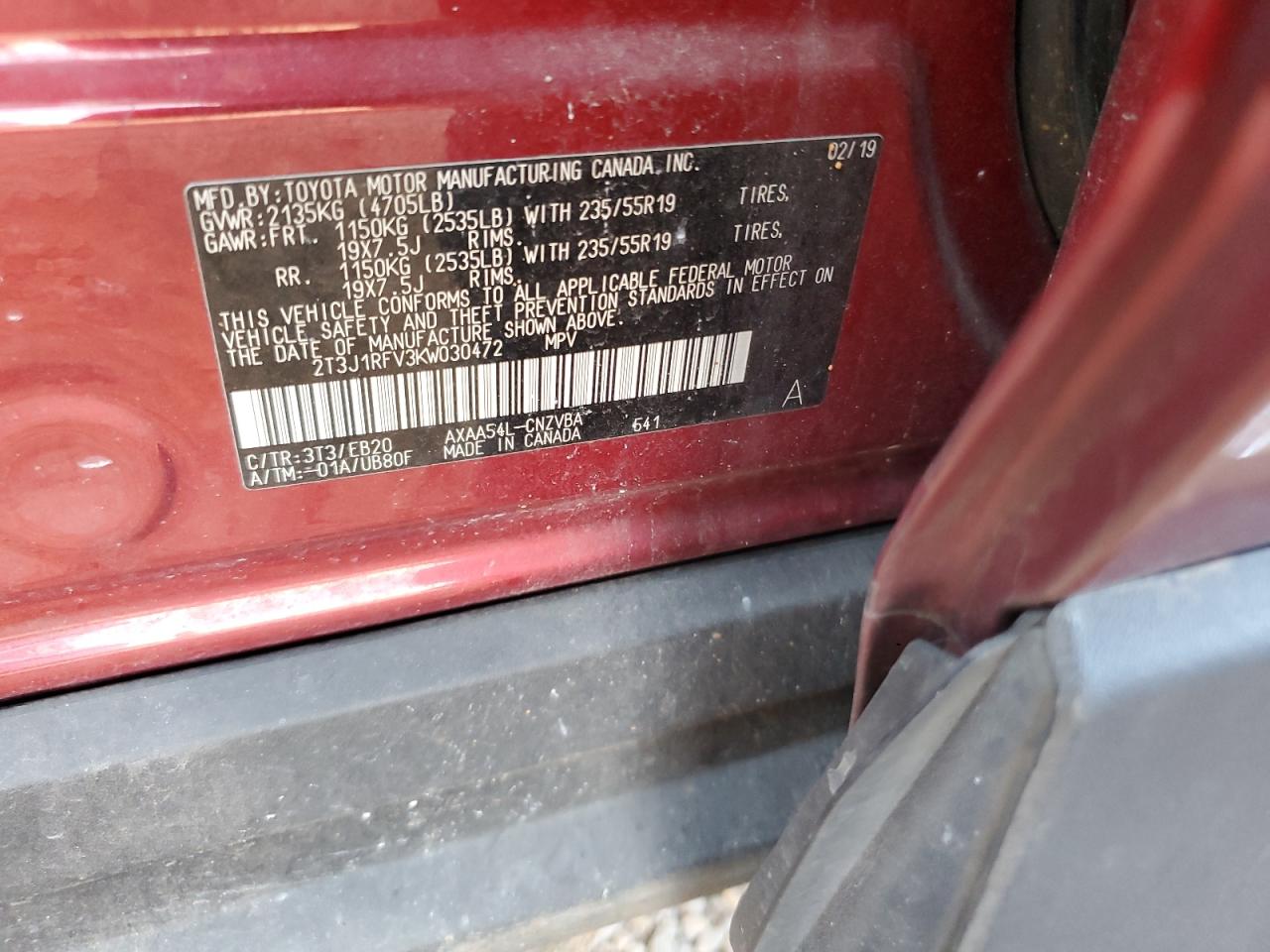 2019 Toyota RAV 4 VIN 2T3J1RFV3KW030472 Copart auction photo, rear end damage thumbnail 14