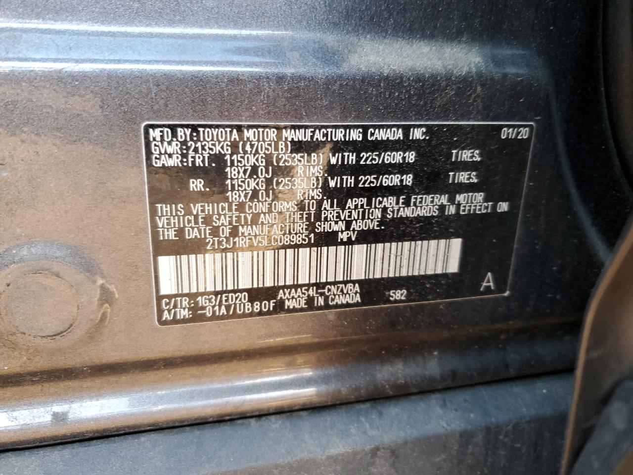 2020 Toyota RAV 4 VIN 2T3J1RFV5LC089851 Copart auction photo, front end / side damage thumbnail 13