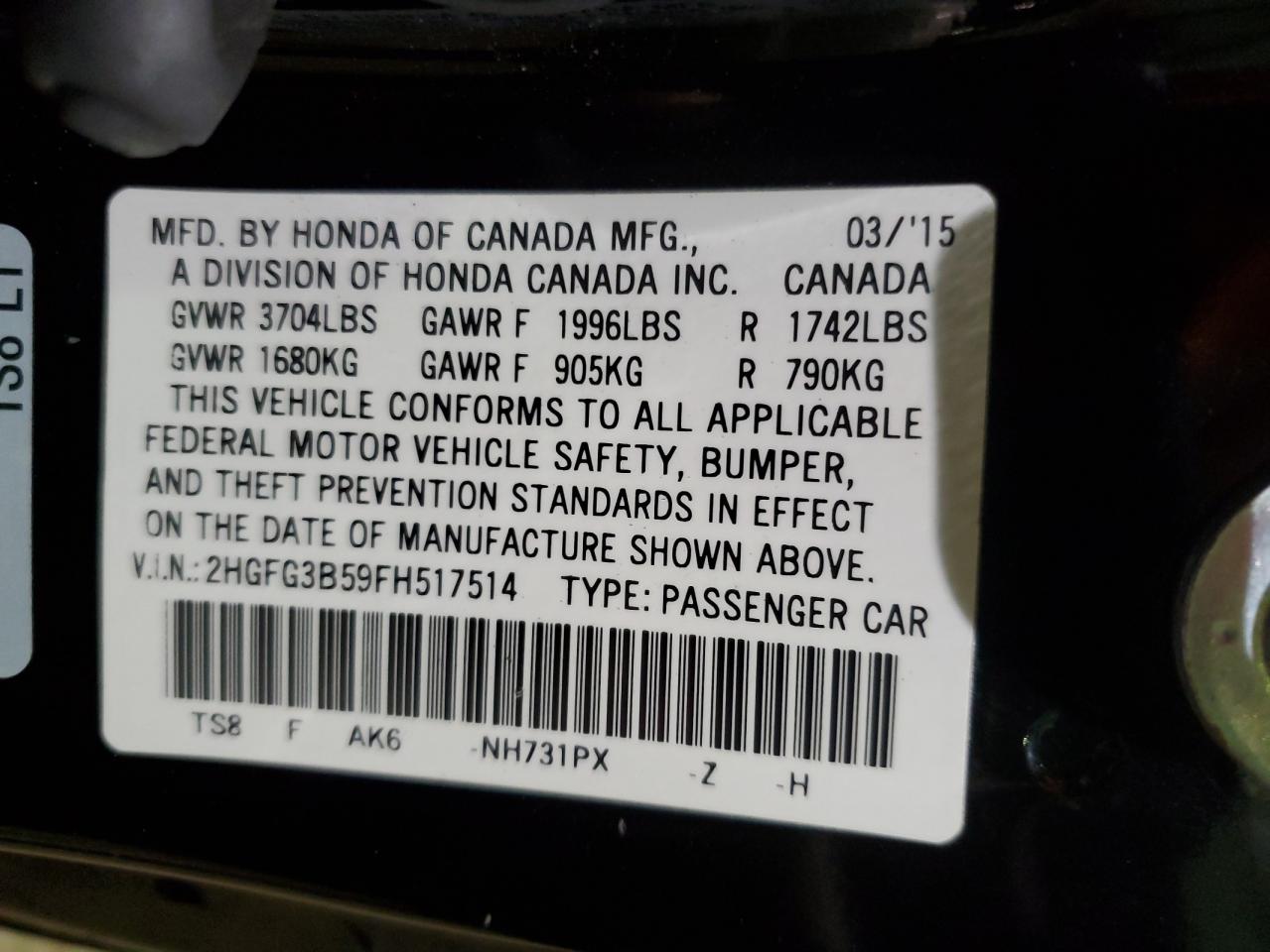 2015 Honda Civic VIN 2HGFG3B59FH517514 Copart auction photo, front end damage thumbnail 13