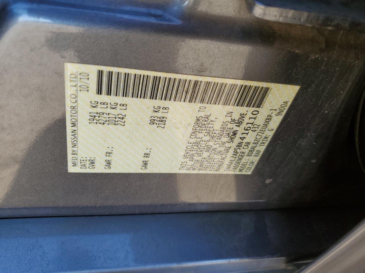 2011 Nissan Altima VIN 1N4AL2AP5BN416110 Copart auction photo, rear end damage thumbnail 12