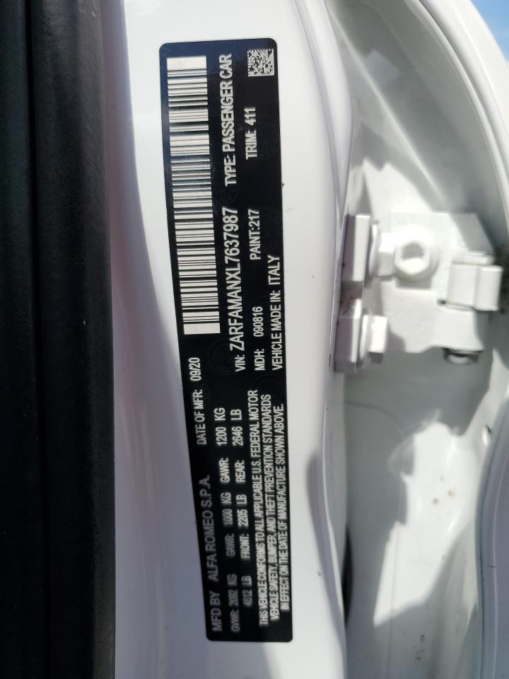 2020 Alfa Romeo Giulia VIN ZARFAMANXL7637987 Copart auction photo, water/flood damage thumbnail 13