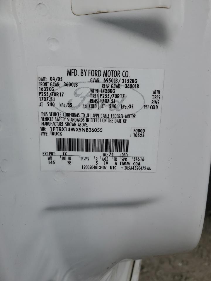 2005 Ford F-150 VIN 1FTRX14WX5NB36055 Copart auction photo, burn - engine damage thumbnail 12