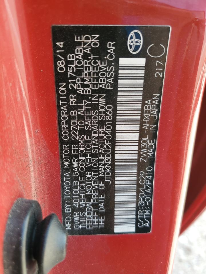 2015 Toyota Prius VIN JTDKN3DU2F0401860 Copart auction photo, front end / minor dent/scratches damage thumbnail 12