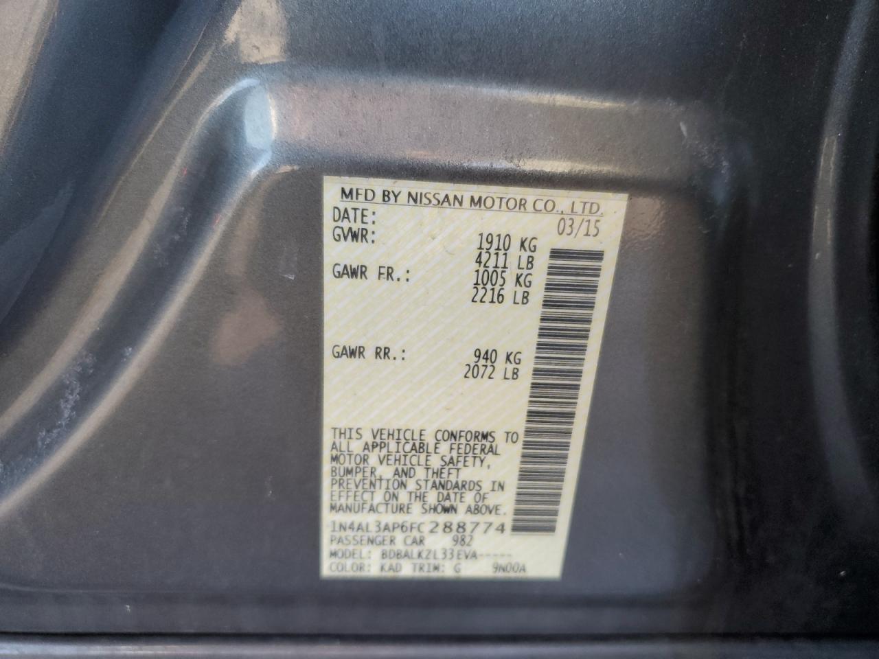 2015 Nissan Altima VIN 1N4AL3AP6FC288774 Copart auction photo, rear end damage thumbnail 12