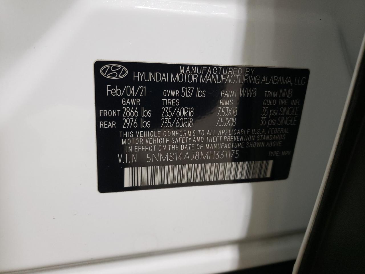 2021 Hyundai Santa Fe VIN 5NMS14AJ8MH331175 Copart auction photo, all over damage thumbnail 13