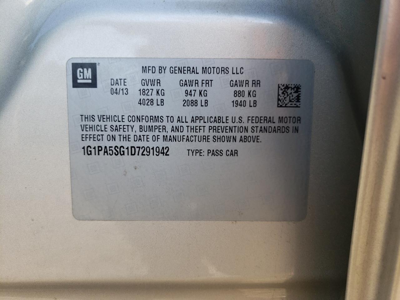 2013 Chevrolet Cruze VIN 1G1PA5SG1D7291942 Copart auction photo, front end damage thumbnail 14