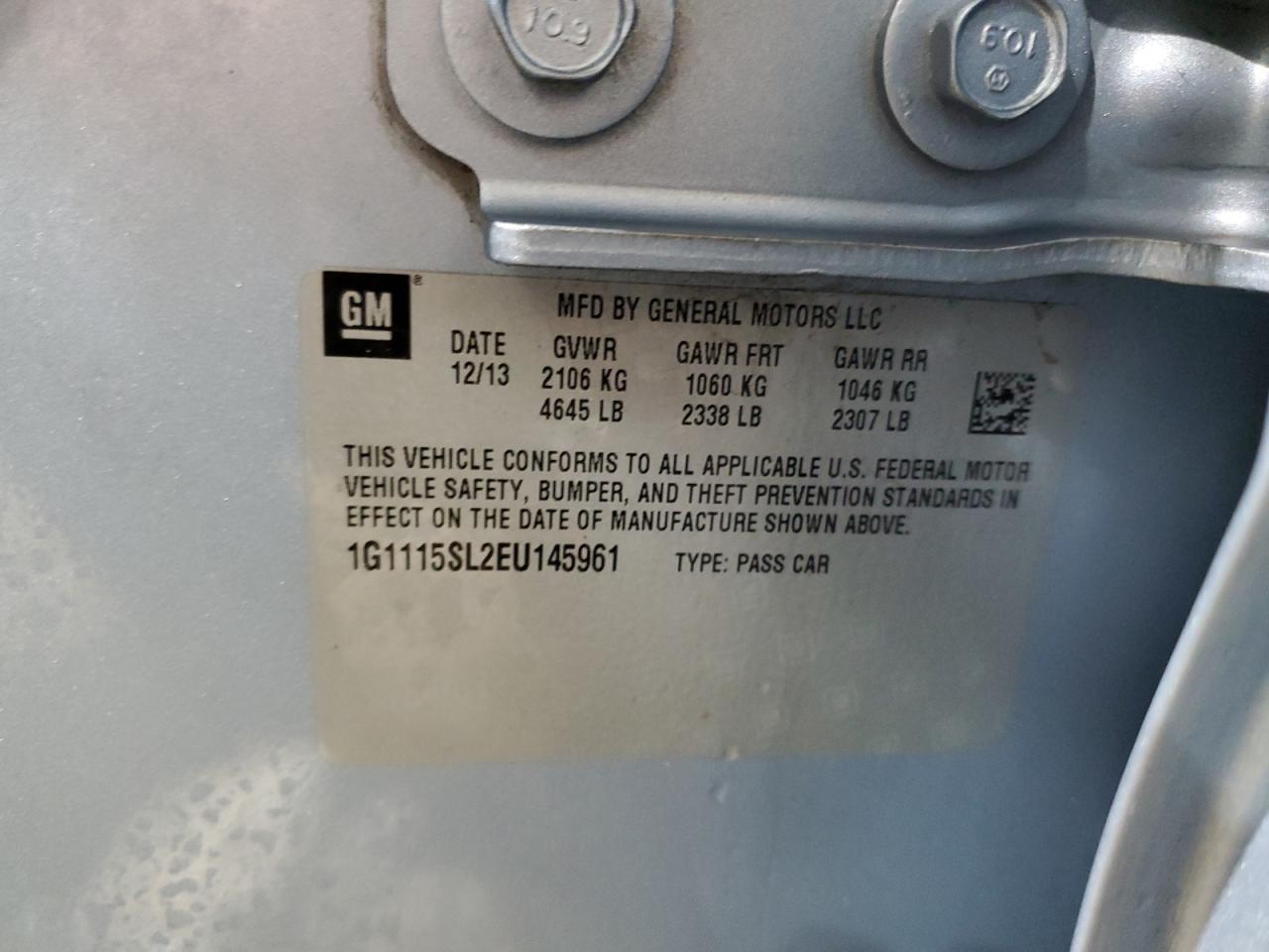 2014 Chevrolet Impala VIN 1G1115SL2EU145961 Copart auction photo, rear end / side damage thumbnail 12