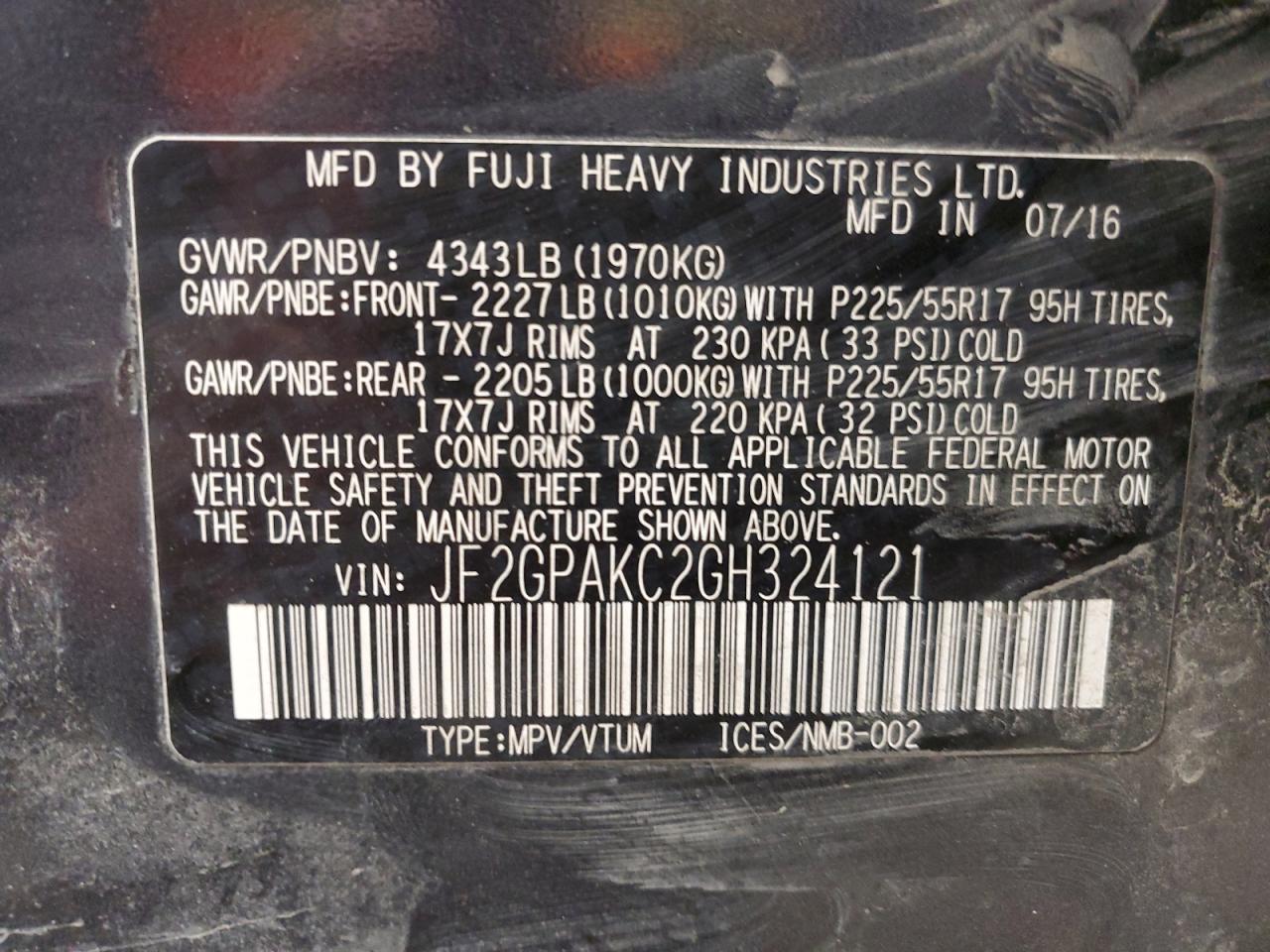 2016 Subaru XV VIN JF2GPAKC2GH324121 Copart auction photo, hail / front end damage thumbnail 14