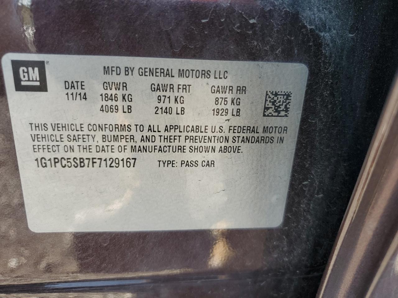 2015 Chevrolet Cruze VIN 1G1PC5SB7F7129167 Copart auction photo, side damage thumbnail 12