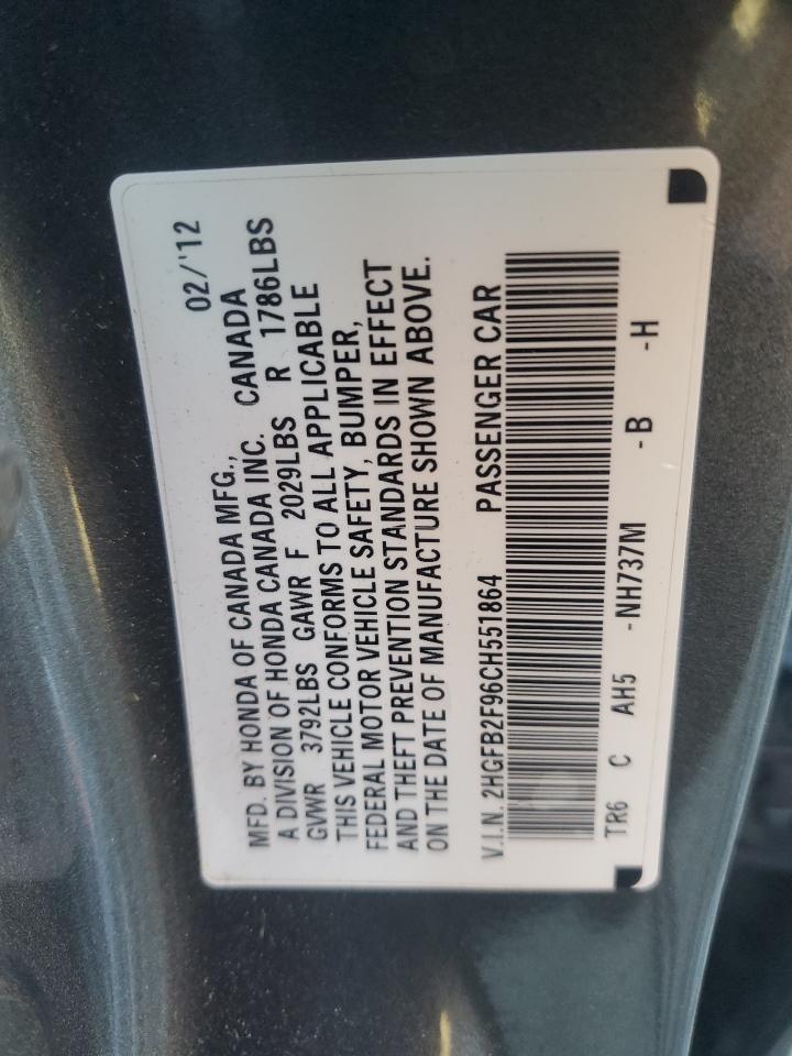 2012 Honda Civic VIN 2HGFB2F96CH551864 Copart auction photo, front end damage thumbnail 13
