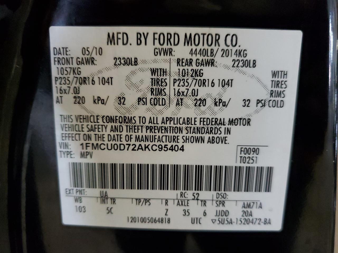 2010 Ford Escape VIN 1FMCU0D72AKC95404 Copart auction photo, side / rear end damage thumbnail 13