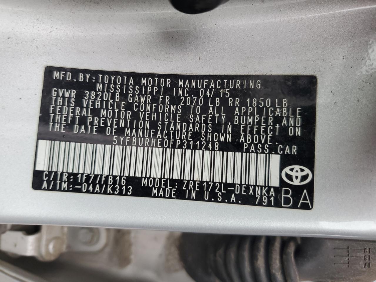 2015 Toyota Corolla VIN 5YFBURHE0FP311248 Copart auction photo, front end / minor dent/scratches damage thumbnail 12