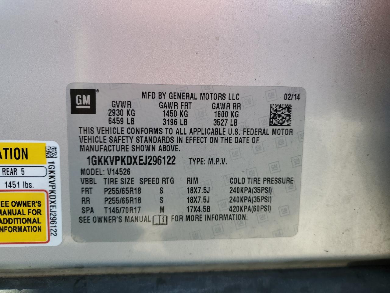 2014 GMC Acadia VIN 1GKKVPKDXEJ296122 Copart auction photo, front end damage thumbnail 13