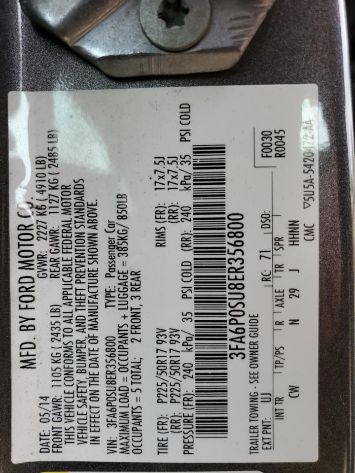 2014 Ford Fusion VIN 3FA6P0SU8ER356800 Copart auction photo, rear end / all over damage thumbnail 14
