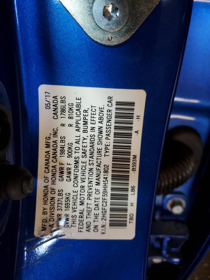 2017 Honda Civic VIN 2HGFC2F59HH541802 Copart auction photo, front end / side damage thumbnail 13