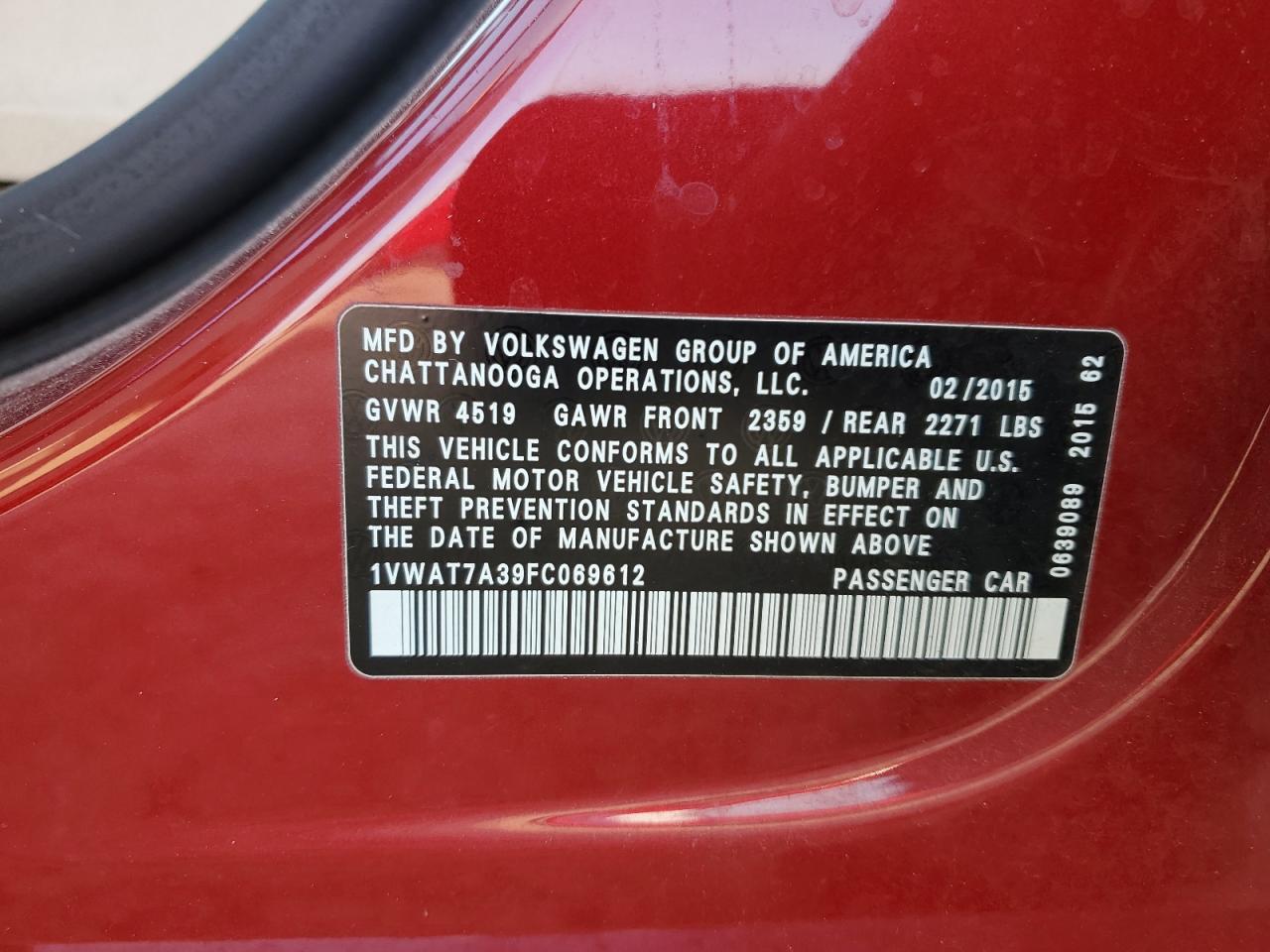 2015 Volkswagen Passat VIN 1VWAT7A39FC069612 Copart auction photo, side damage thumbnail 15