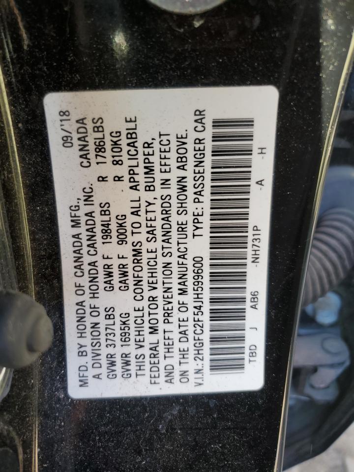 2018 Honda Civic VIN 2HGFC2F54JH599600 Copart auction photo, rollover damage thumbnail 12