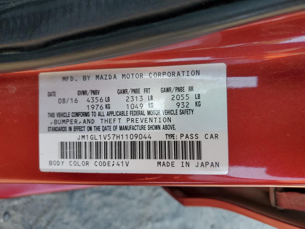 2017 Mazda 6 VIN JM1GL1V57H1109044 Copart auction photo, front end / side damage thumbnail 12