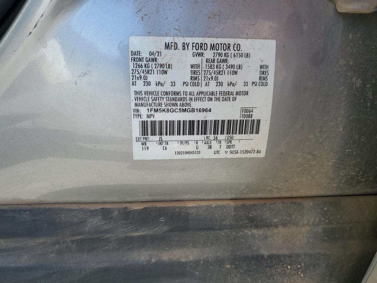 2021 Ford Explorer VIN 1FM5K8GC5MGB16964 Copart auction photo, front end damage thumbnail 16