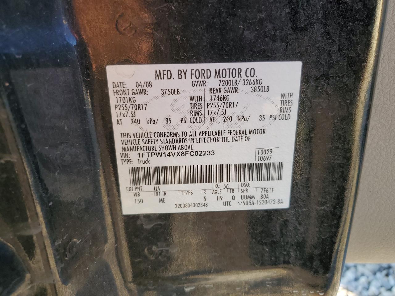 2008 Ford F-150 VIN 1FTPW14VX8FC02233 Copart auction photo, front end damage thumbnail 14