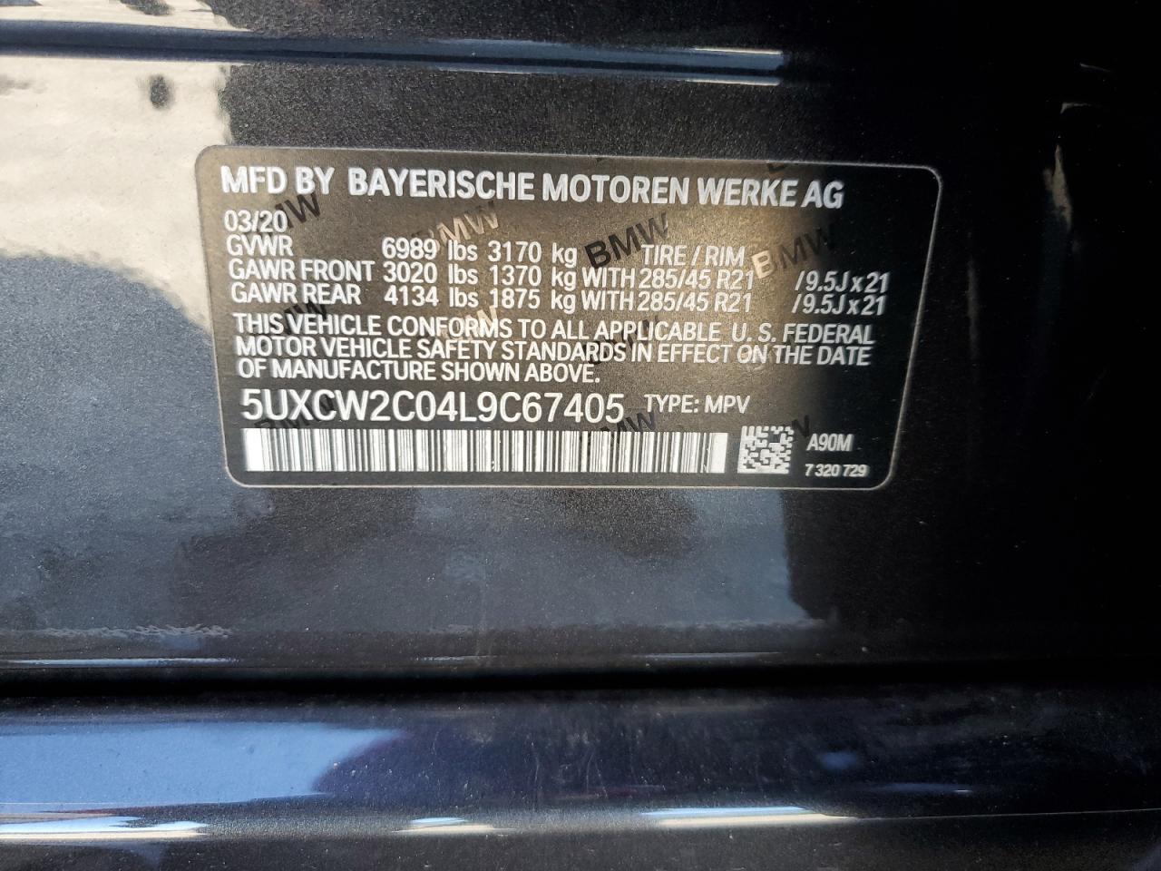 2020 BMW X7 VIN 5UXCW2C04L9C67405 Copart auction photo, front end damage thumbnail 14