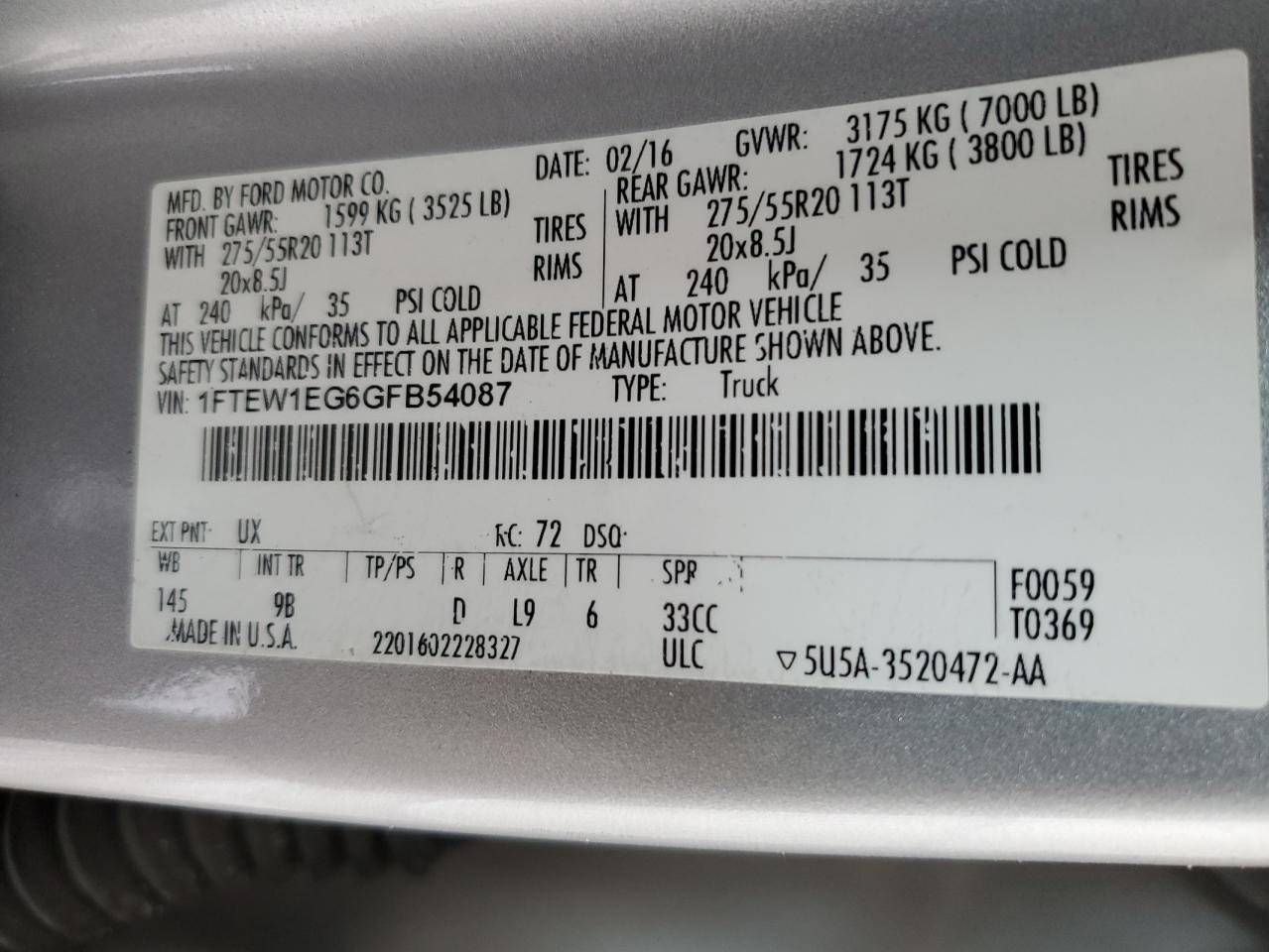 2016 Ford F-150 VIN 1FTEW1EG6GFB54087 Copart auction photo, front end / side damage thumbnail 12