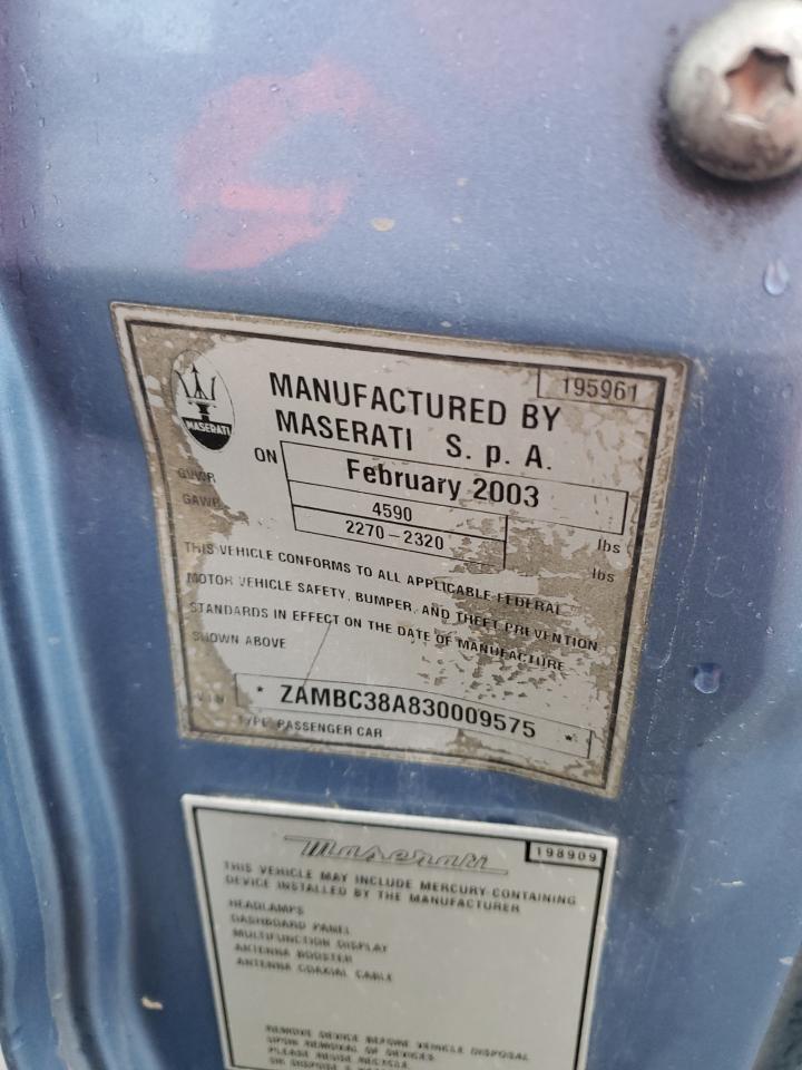 2003 Maserati GranTurismo VIN ZAMBC38A830009575 Copart auction photo, minor dent/scratches damage thumbnail 12