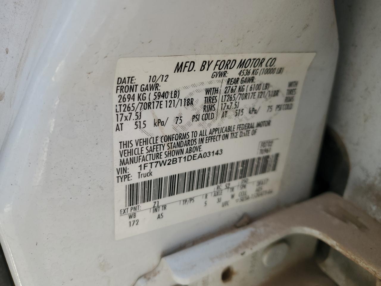 2013 Ford F250 VIN 1FT7W2BT1DEA03143 Copart auction photo, rear end damage thumbnail 14
