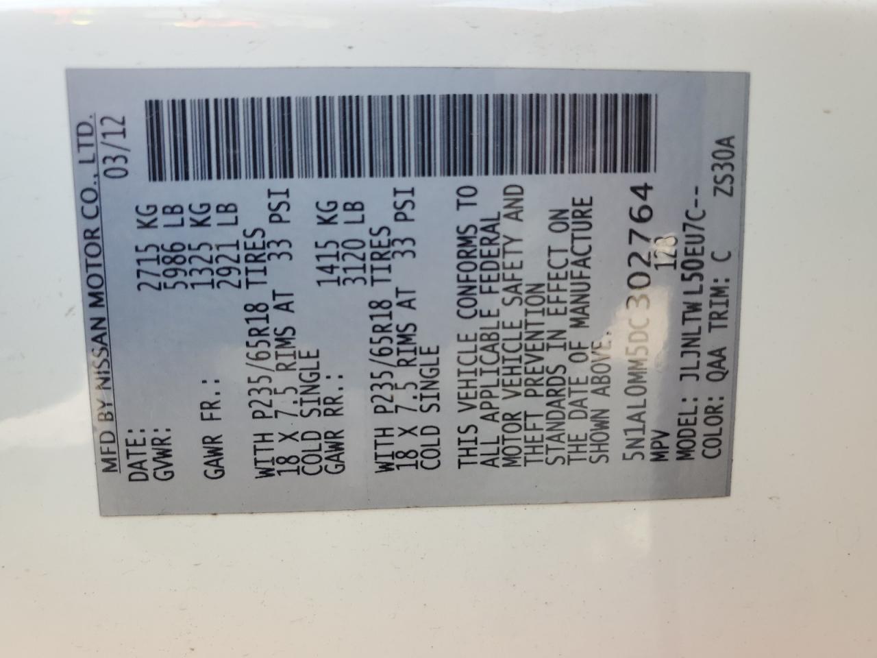 2013 Infiniti JX VIN 5N1AL0MM5DC302764 Copart auction photo, side damage thumbnail 12