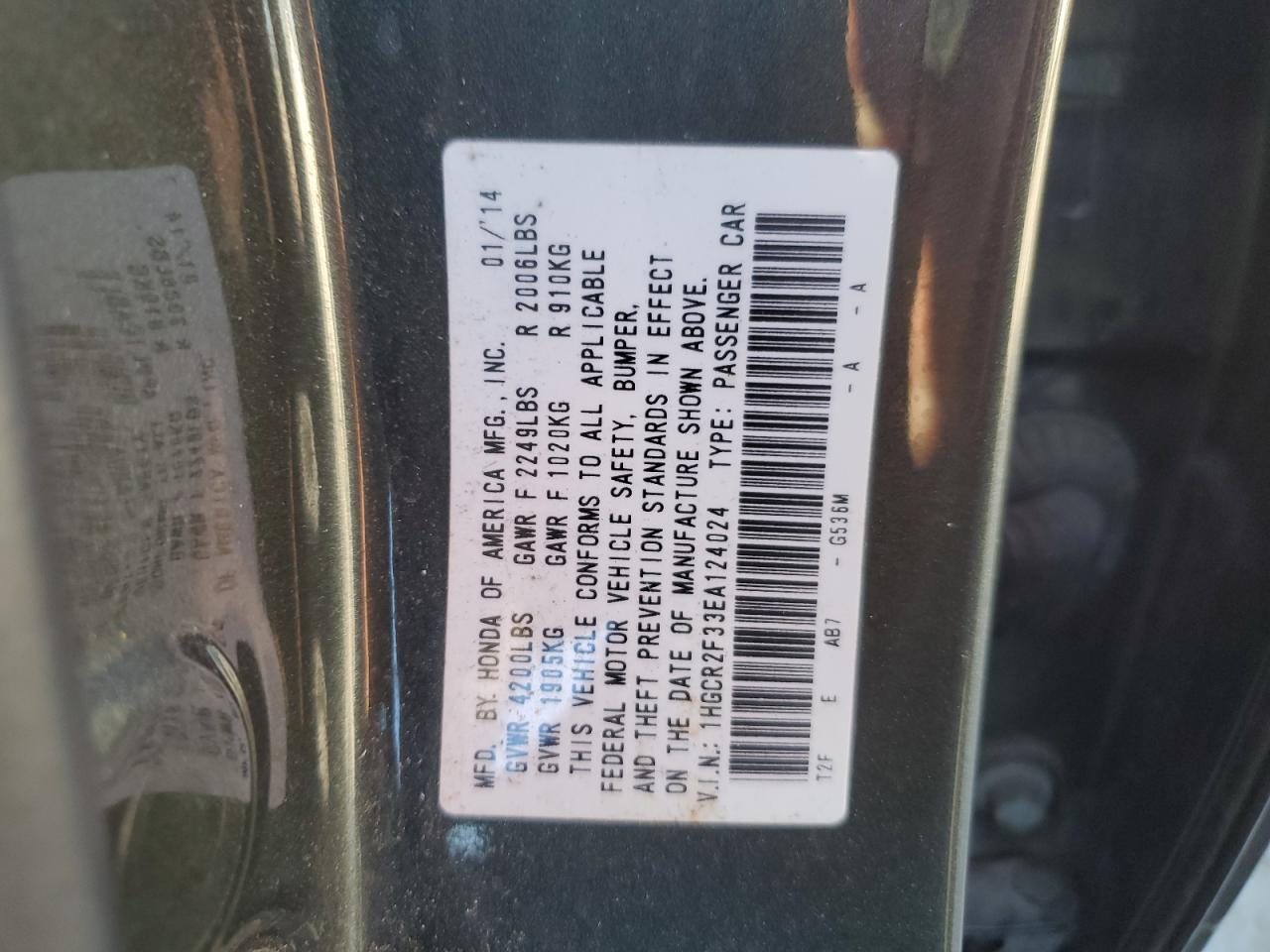 2014 Honda Accord VIN 1HGCR2F33EA124024 Copart auction photo, front end damage thumbnail 13