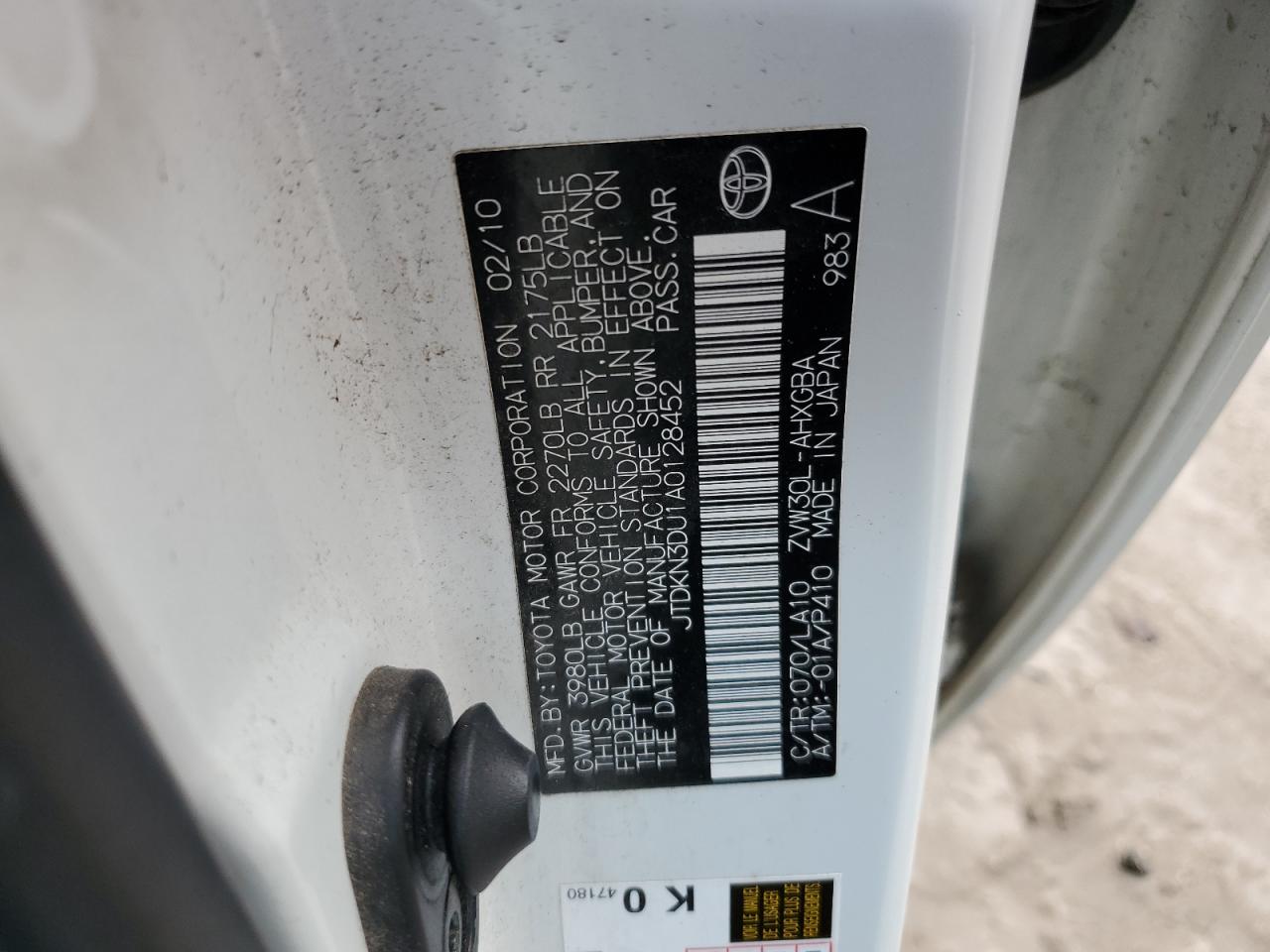 2010 Toyota Prius VIN JTDKN3DU1A0128452 Copart auction photo, water/flood / minor dent/scratches damage thumbnail 12
