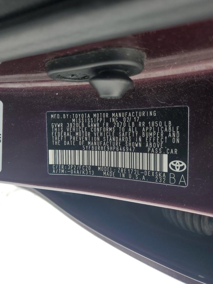 2017 Toyota Corolla VIN 5YFBURHE9HP646947 Copart auction photo, front end damage thumbnail 13
