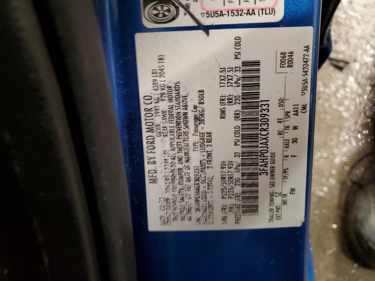 2012 Ford Fusion VIN 3FAHP0JAXCR309331 Copart auction photo, front end damage thumbnail 12