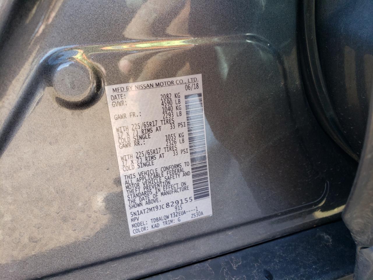 2018 Nissan Rogue VIN 5N1AT2MT9JC829155 Copart auction photo, front end / minor dent/scratches damage thumbnail 15