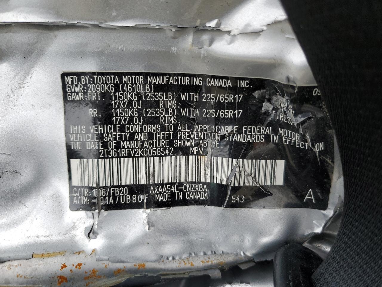 2019 Toyota RAV 4 VIN 2T3G1RFV2KC056542 Copart auction photo, side / top/roof damage thumbnail 14