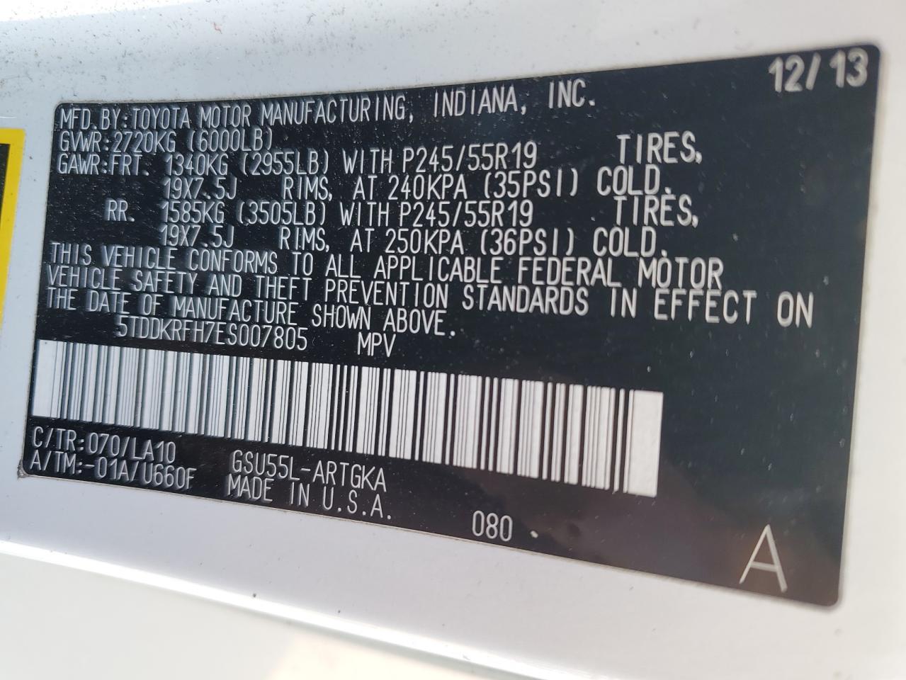 2014 Toyota Highlander VIN 5TDDKRFH7ES007805 Copart auction photo, rollover damage thumbnail 13