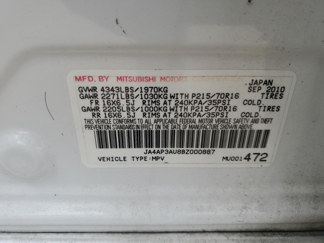 2011 Mitsubishi Outlander VIN JA4AP3AU8BZ000887 Copart auction photo, rear end / minor dent/scratches damage thumbnail 13